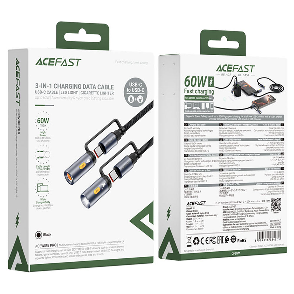 Cablu Date si Incarcare USB-C / Lanterna - USB-C / Bricheta Electrica Acefast J4, 60W, 1.2m, Negru