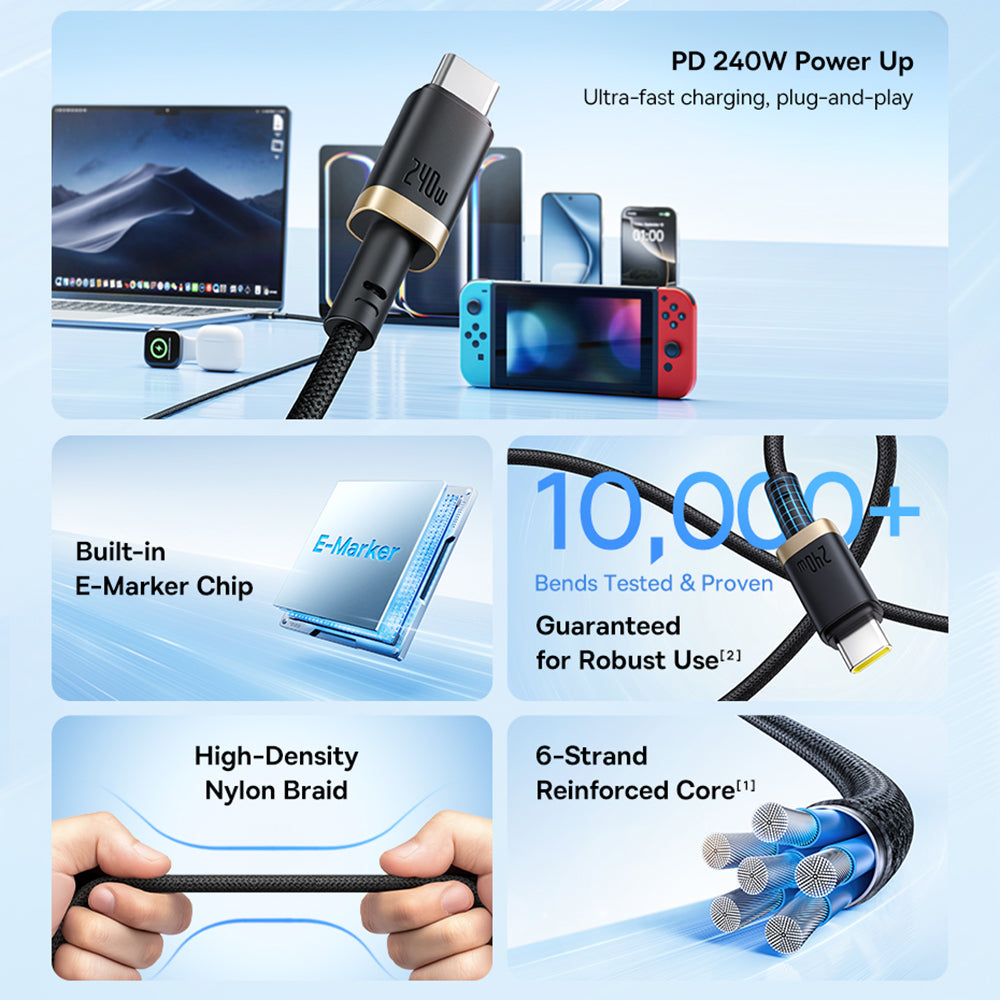 Cablu Date si Incarcare USB-C - USB-C Baseus Dura, 240W, 1m, Auriu Negru P10377803U03-00