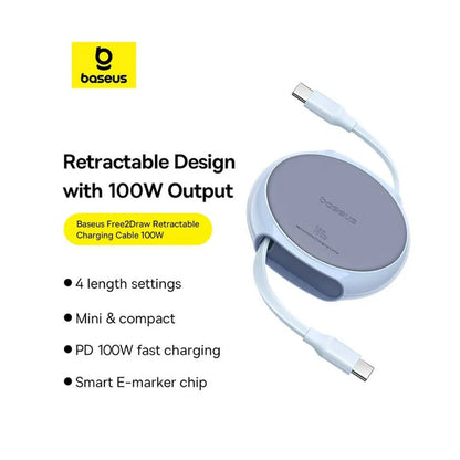 Cablu Date si Incarcare USB-C - USB-C Baseus Pathfinder Retractable, 100W, 1m, Bleu P10368400311-00