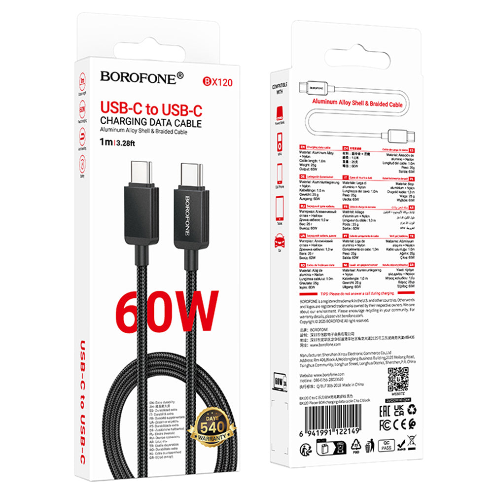 Cablu Date si Incarcare USB-C - USB-C Borofone BX120 Placer, 60W, 1m, Negru