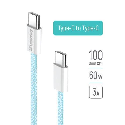 Cablu Date si Incarcare USB-C - USB-C ColorWay CW-CBPDCC061, 60W, 1m, Albastru
