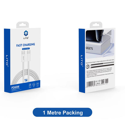 Cablu Date si Incarcare USB-C - USB-C Lito LD04CC, 60W, 1m, Alb