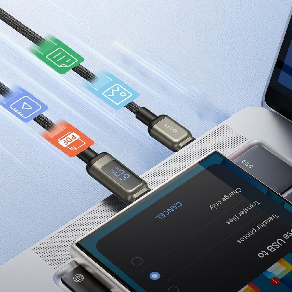 Cablu Date si Incarcare USB-C - USB-C Lito LD15 Display, 60W, 1m, Negru