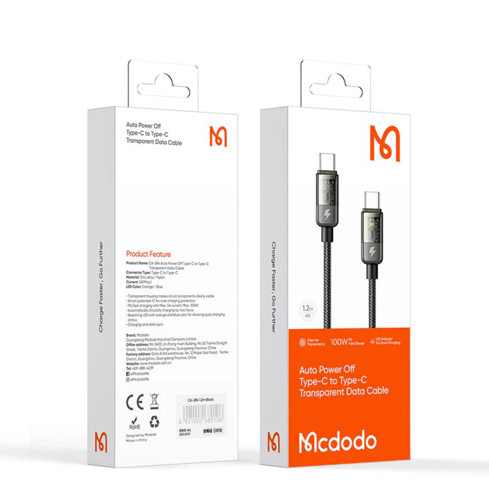 Cablu Date si Incarcare USB-C - USB-C McDodo CA-2840 Auto Power Off, 100W, 1.2m, Negru