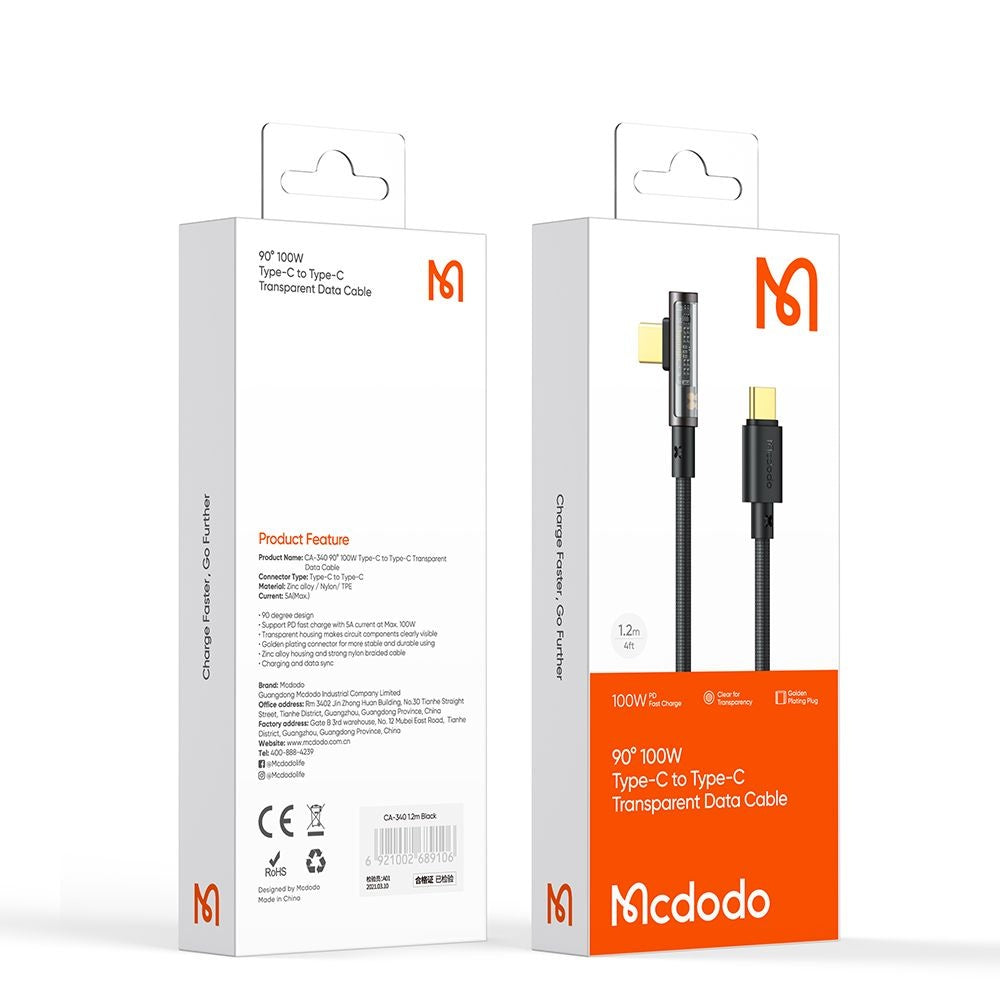Cablu Date si Incarcare USB-C - USB-C McDodo CA-3400 Angled, 100W, 1.2m, Negru