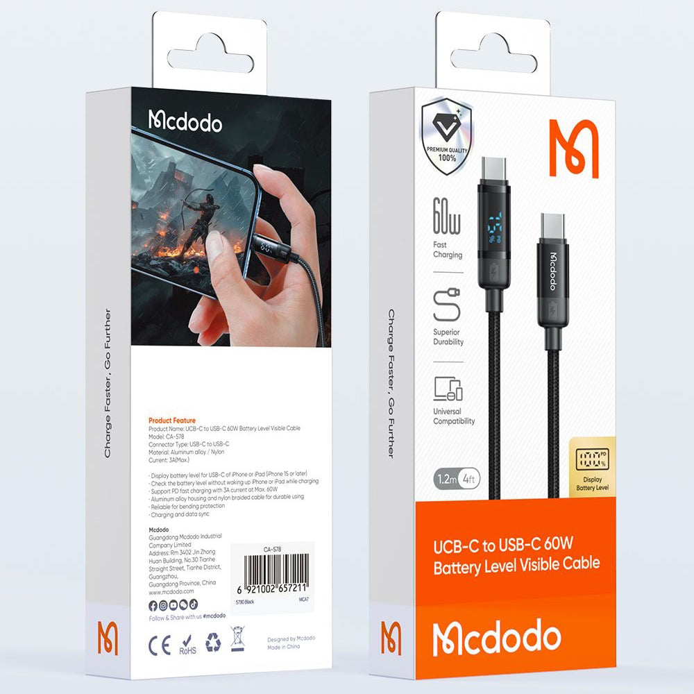 Cablu Date si Incarcare USB-C - USB-C McDodo CA-5780 Bat Display, 60W, 1.2m, Negru