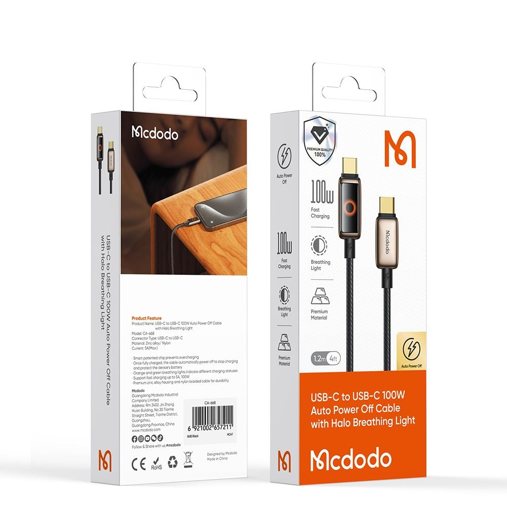 Cablu Date si Incarcare USB-C - USB-C McDodo CA-6681 Auto Power Off, 100W, 1.2m, Auriu