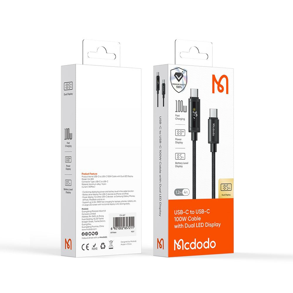 Cablu Date si Incarcare USB-C - USB-C McDodo CA-8000 Display, 100W, 1.2m, Negru