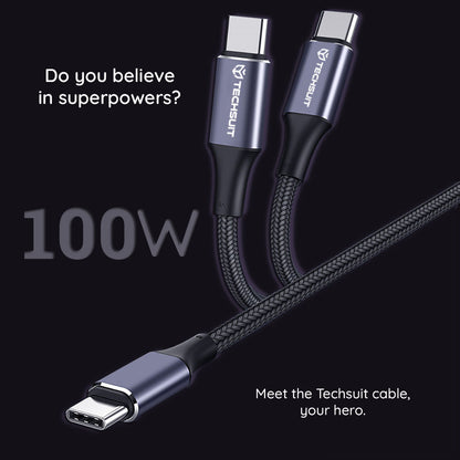 Cablu Date si Incarcare USB-C - USB-C Techsuit PCB018, 100W, 1m, Negru