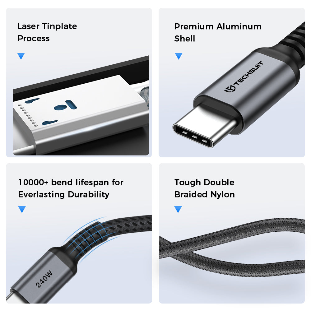 Cablu Date si Incarcare USB-C - USB-C Techsuit TitanSync Pro CX2, 240W, 1m, Gri