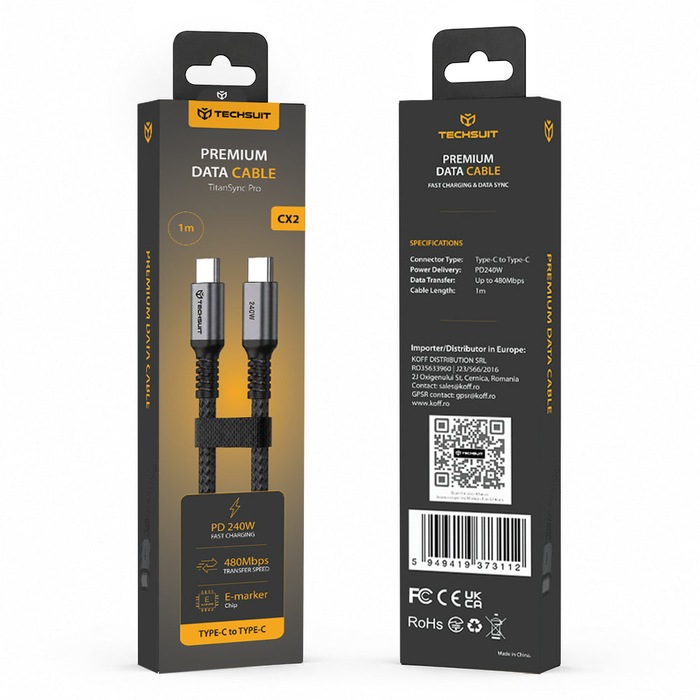 Cablu Date si Incarcare USB-C - USB-C Techsuit TitanSync Pro CX2, 240W, 1m, Gri