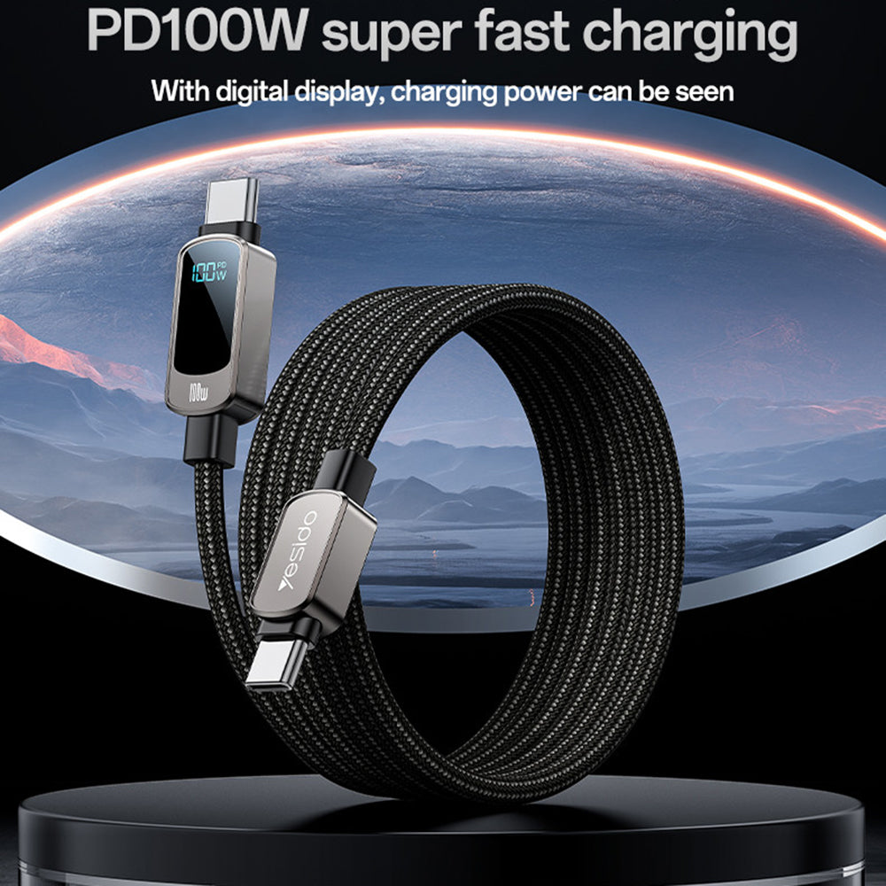 Cablu Date si Incarcare USB-C - USB-C Yesido CA179 Display, 100W, 1.2m, Negru