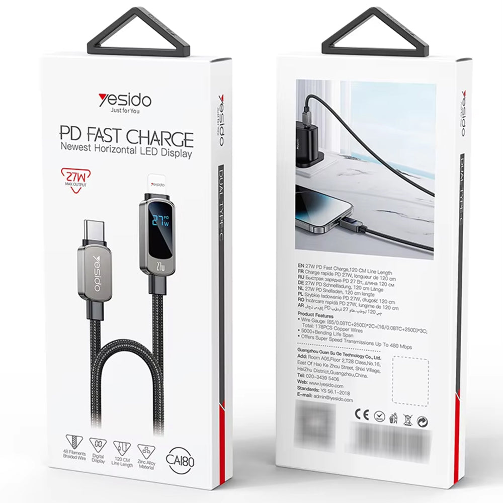 Cablu Date si Incarcare USB-C - USB-C Yesido CA180 Display, 27W, 1.2m, Negru
