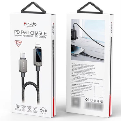 Cablu Date si Incarcare USB-C - USB-C Yesido CA180 Display, 27W, 1.2m, Negru