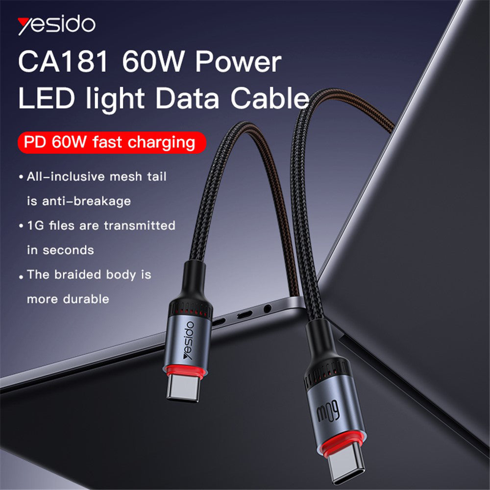Cablu Date si Incarcare USB-C - USB-C Yesido CA181, 60W, 1.2m, Negru