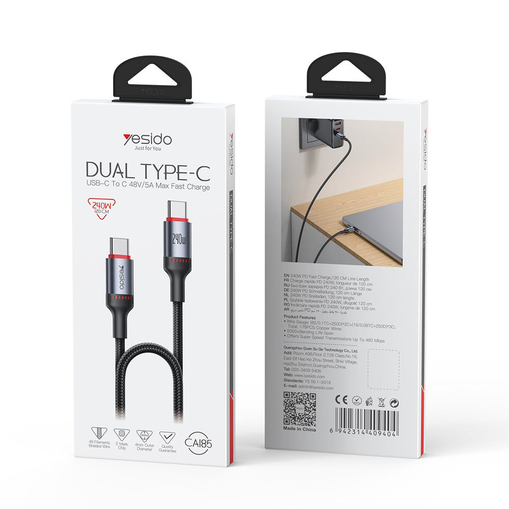 Cablu Date si Incarcare USB-C - USB-C Yesido CA185, 240W, 1.2m, Negru