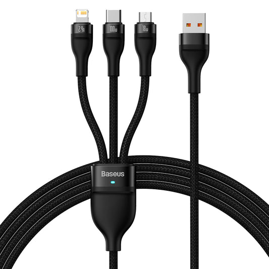Cablu Incarcare USB-A - Lightning / microUSB / USB-C Baseus Flash Series II 3in1, 100W, 1.2m, Negru CASS030001