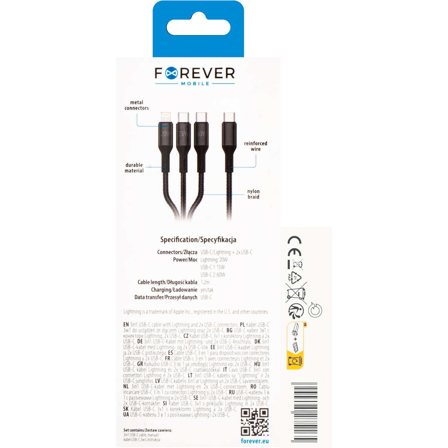 Cablu Incarcare USB-A - Lightning / 2 x USB-C Forever 3in1, 60W, 1.2m, Negru