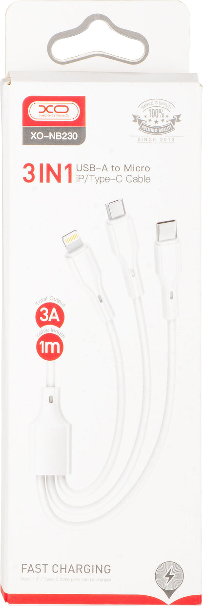 Cablu Incarcare USB-A - Lightning / microUSB / USB-C XO Design NB230 3in1, 20W, 1m, Alb