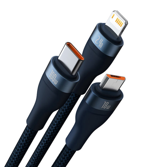 Cablu Incarcare USB-A - Lightning / microUSB / USB-C Baseus Flash Series II 3in1, 100W, 1.2m, Albastru CASS030003