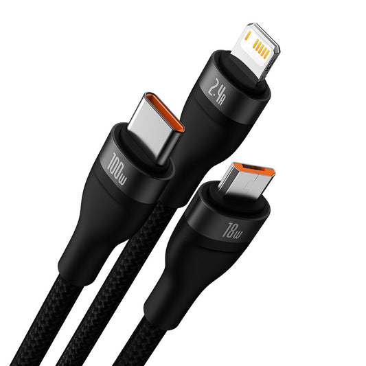 Cablu Incarcare USB-A - Lightning / microUSB / USB-C Baseus Flash Series II 3in1, 100W, 1.2m, Negru CASS030001