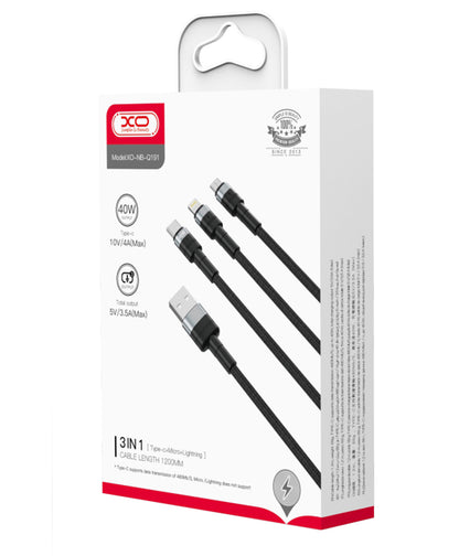 Cablu Incarcare USB-A - Lightning / microUSB / USB-C XO Design NB-Q191 3in1, 66W, 1.2m, Negru