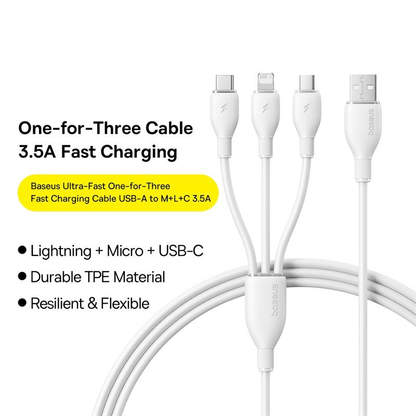 Cablu Incarcare USB-A - Lightning / microUSB / USB-C Baseus Ultra Fast 3in1, 18W, 1.3m, Alb P10376303211-00