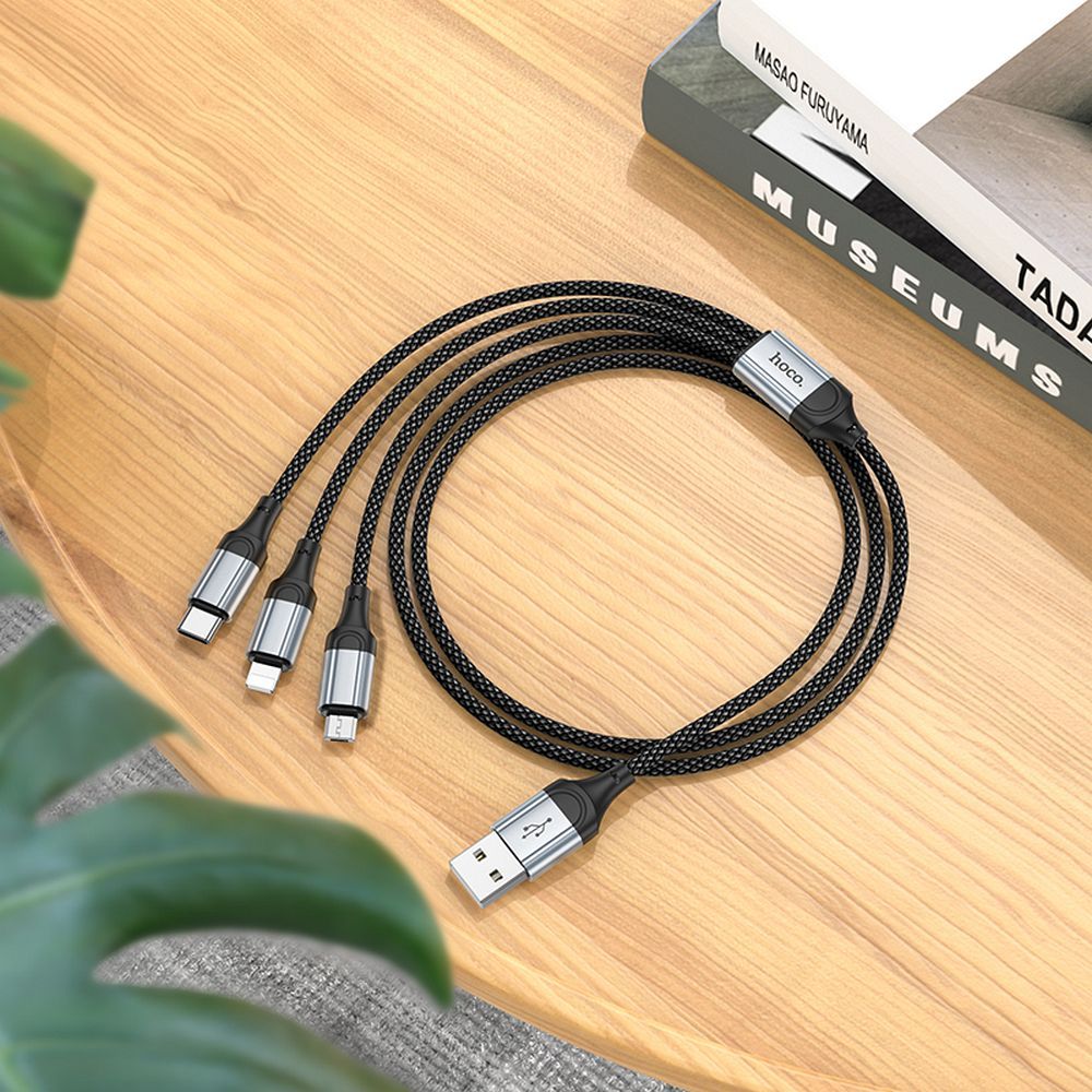 Cablu Incarcare USB-A - Lightning / microUSB / USB-C HOCO X102 3in1, 18W, 1m, Negru