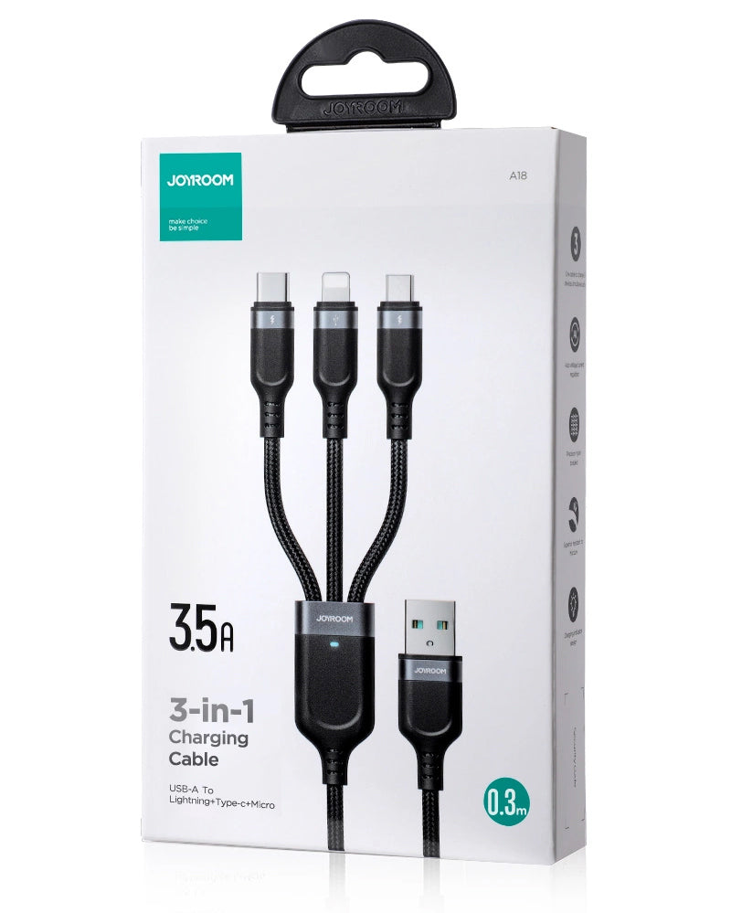 Cablu Incarcare USB-A - Lightning / microUSB / USB-C Joyroom S-A18 3in1, 20W, 0.3m, Negru