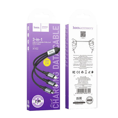 Cablu Incarcare USB-A - Lightning / microUSB / USB-C HOCO X102 3in1, 18W, 1m, Negru