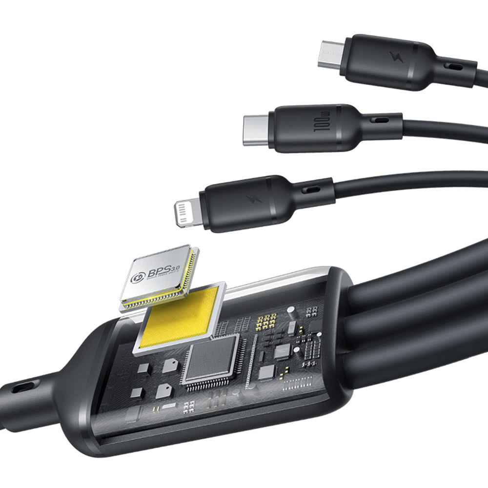 Cablu Incarcare USB-A - Lightning / microUSB / USB-C Baseus Silky 3in1, 100W, 1.5m, Negru P10377705123-00