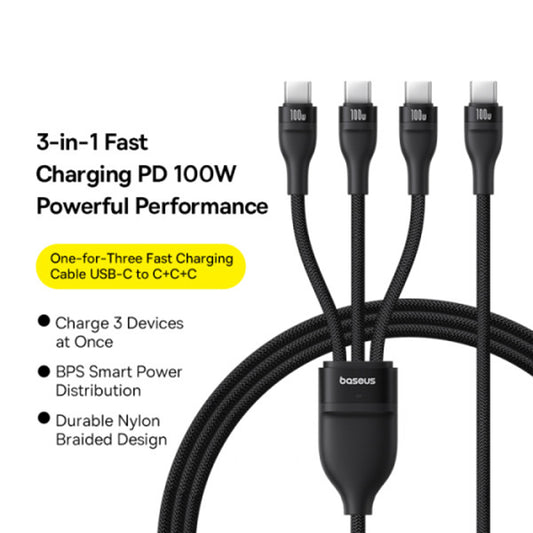 Cablu Incarcare USB-C - 3 x USB-C Baseus Flash Series III 3in1, 100W, 1.5m, Negru P10377503111-00