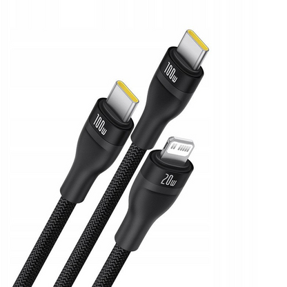 Cablu Incarcare USB-C - Lightning / 2 x USB-C Baseus Flash Series III 3in1, 100W, 1.5m, Negru, Resigilat P10377502111-00