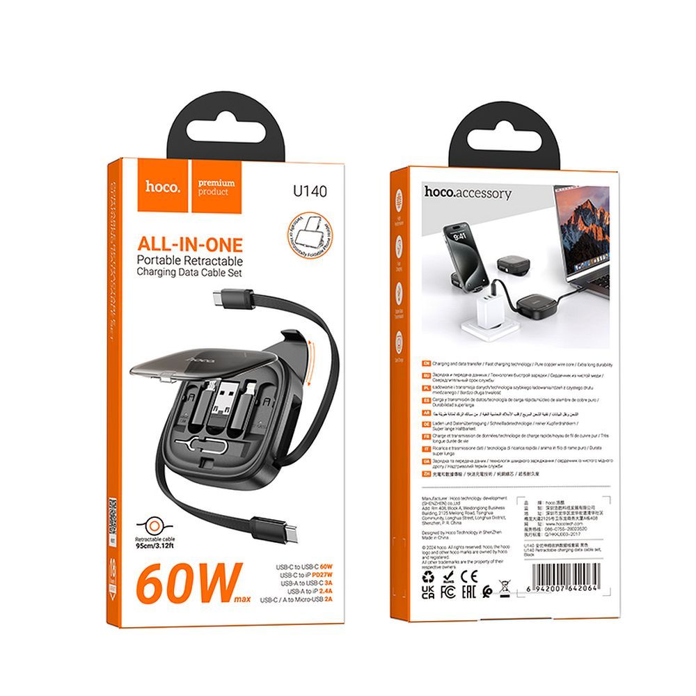 Cablu Date si Incarcare USB-C - USB-C HOCO U140, 60W, 0.95m, Negru
