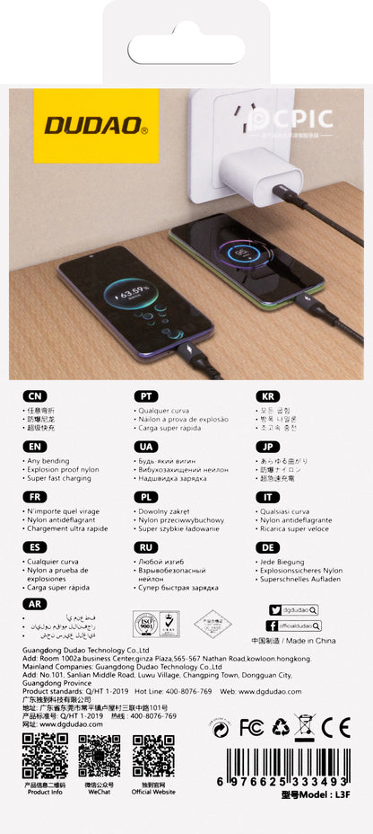 Cablu Incarcare USB-C - USB-C / USB-C Dudao L3F, 100W, 1.2m, Negru