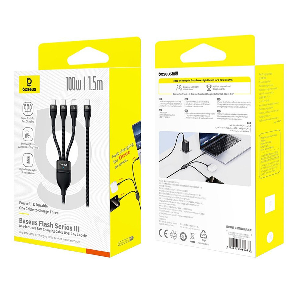 Cablu Incarcare USB-C - Lightning / 2 x USB-C Baseus Flash Series III 3in1, 100W, 1.5m, Negru, Resigilat P10377502111-00