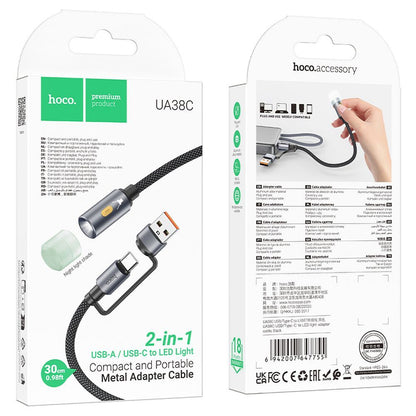 Cablu Led HOCO UA38C, USB-C / USB-A, 0.3m, Negru
