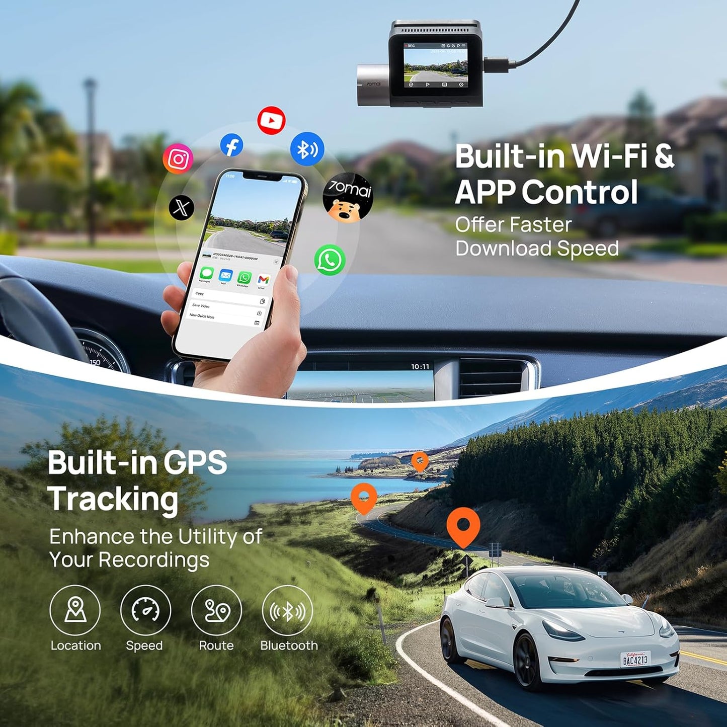 Camera Auto 70mai Dash Cam A510, 3K, GPS, Wi-Fi, Afisaj 2inch 2AOK9-A510