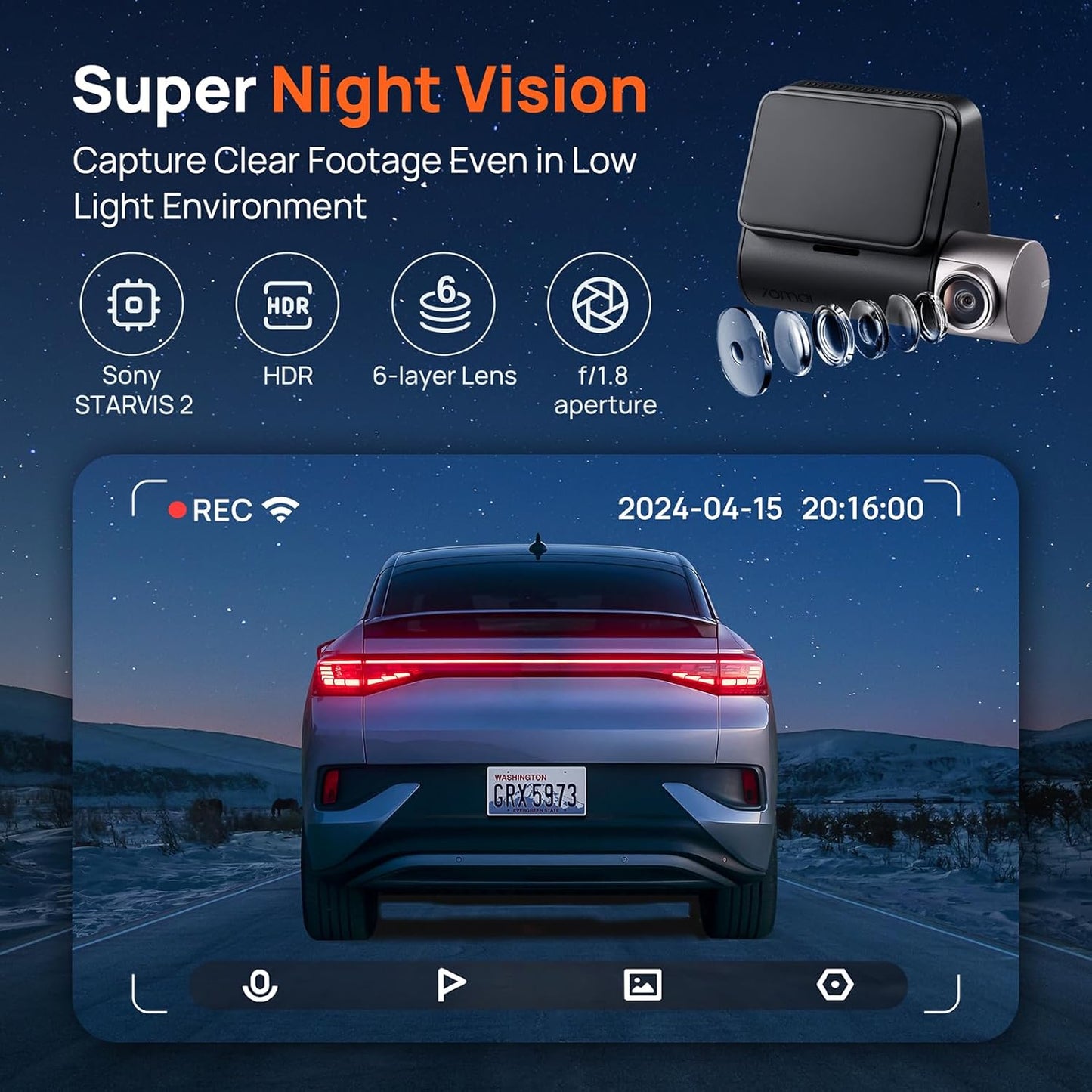 Camera Auto Fata Spate 70mai Dash Cam A510, 3K, GPS, Wi-Fi, Afisaj 2inch
