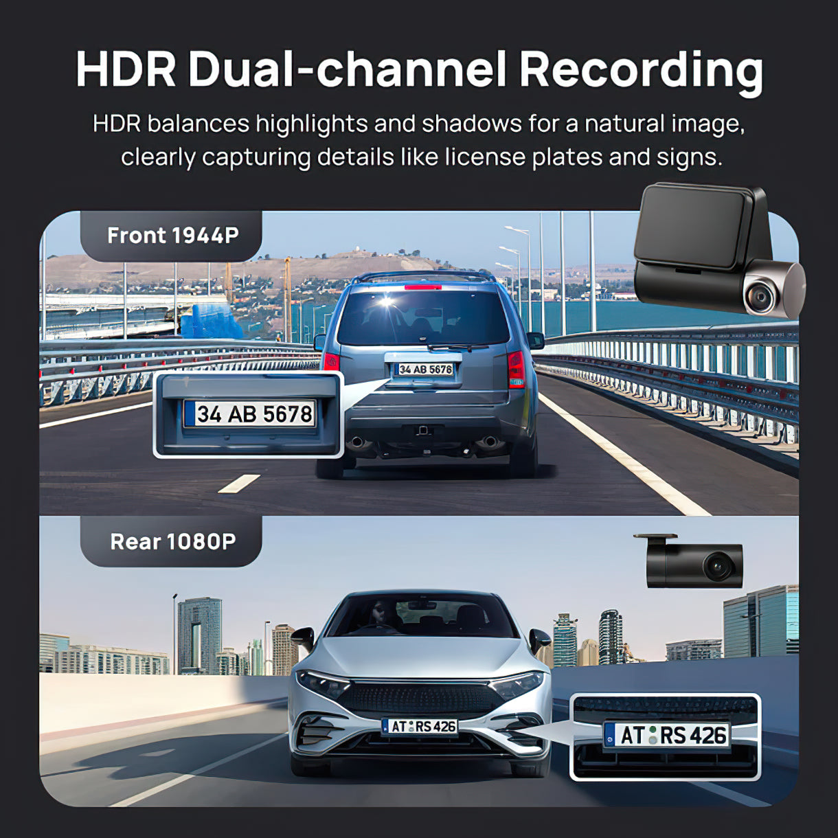 Camera Auto Fata Spate 70mai Dash Cam A510, 3K, GPS, Wi-Fi, Afisaj 2inch