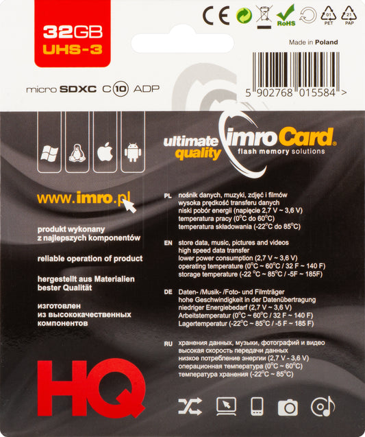 Card Memorie microSDHC Imro, 32Gb, Clasa 10 / UHS-1 U3, Cu Adaptor