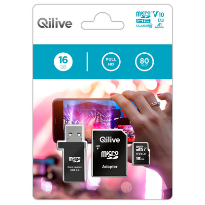 Card Memorie microSDHC Qilive, 16Gb, Clasa 10, Cu Cititor Card si Adaptor EKMSDM16GHC10QL