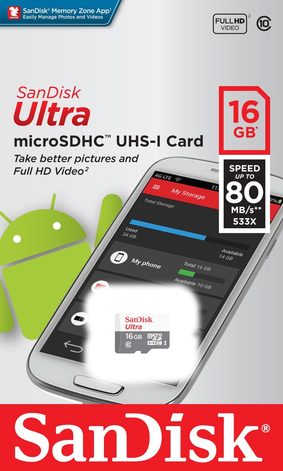 Card Memorie microSDHC SanDisk Ultra, 16Gb, Clasa 10 SDSQUNS-016G-GN3MN