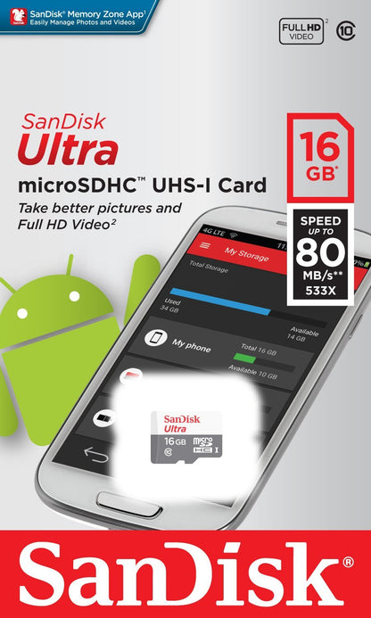 Card Memorie microSDHC SanDisk Ultra, 16Gb, Clasa 10 SDSQUNS-016G-GN3MN