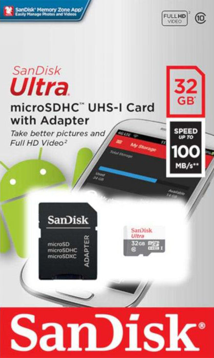 Card Memorie microSDHC SanDisk Ultra, 32Gb, Clasa 10, Cu Adaptor SDSQUNR-032G-GN3MA