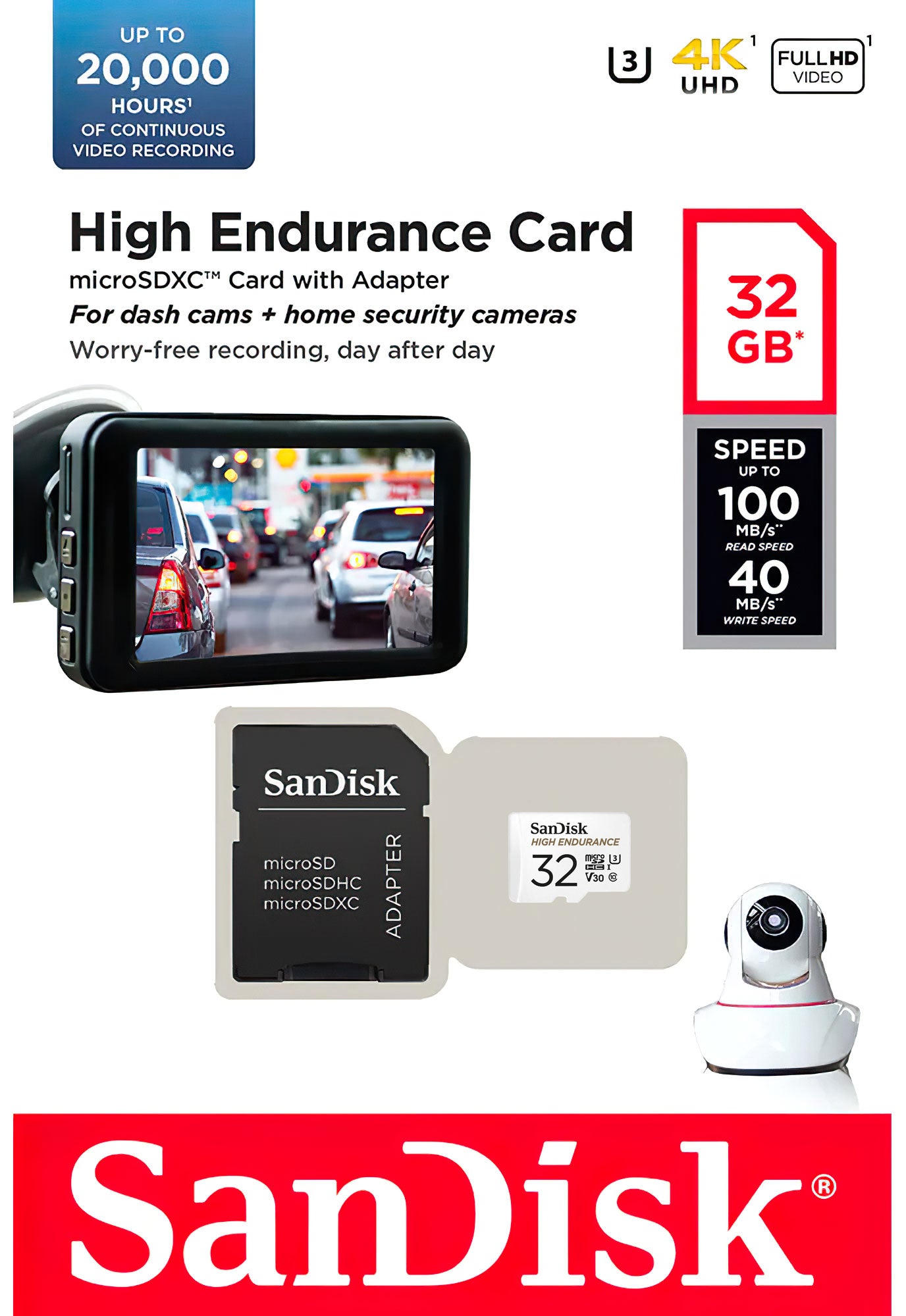 Card Memorie microSDHC SanDisk High Endurance, 32Gb, Clasa 10 / UHS-1 U3, Cu Adaptor SDSQQNR-032G-GN6IA