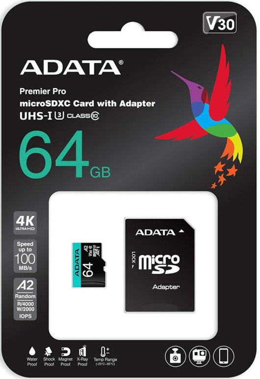 Card Memorie microSDXC Adata Premier Pro, 64Gb, Clasa 10 / UHS-1 U3, Cu Adaptor AUSDX64GUI3V30SA2-RA1