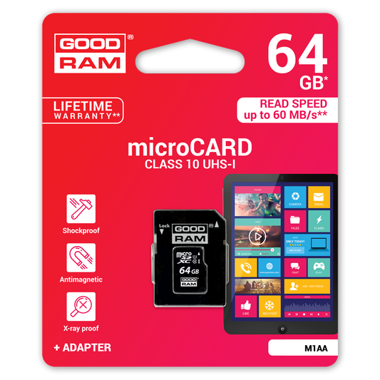 Card Memorie microSDXC GoodRam, 64Gb, Clasa 10 / UHS-1 U1, Cu Adaptor M1AA-0640R12