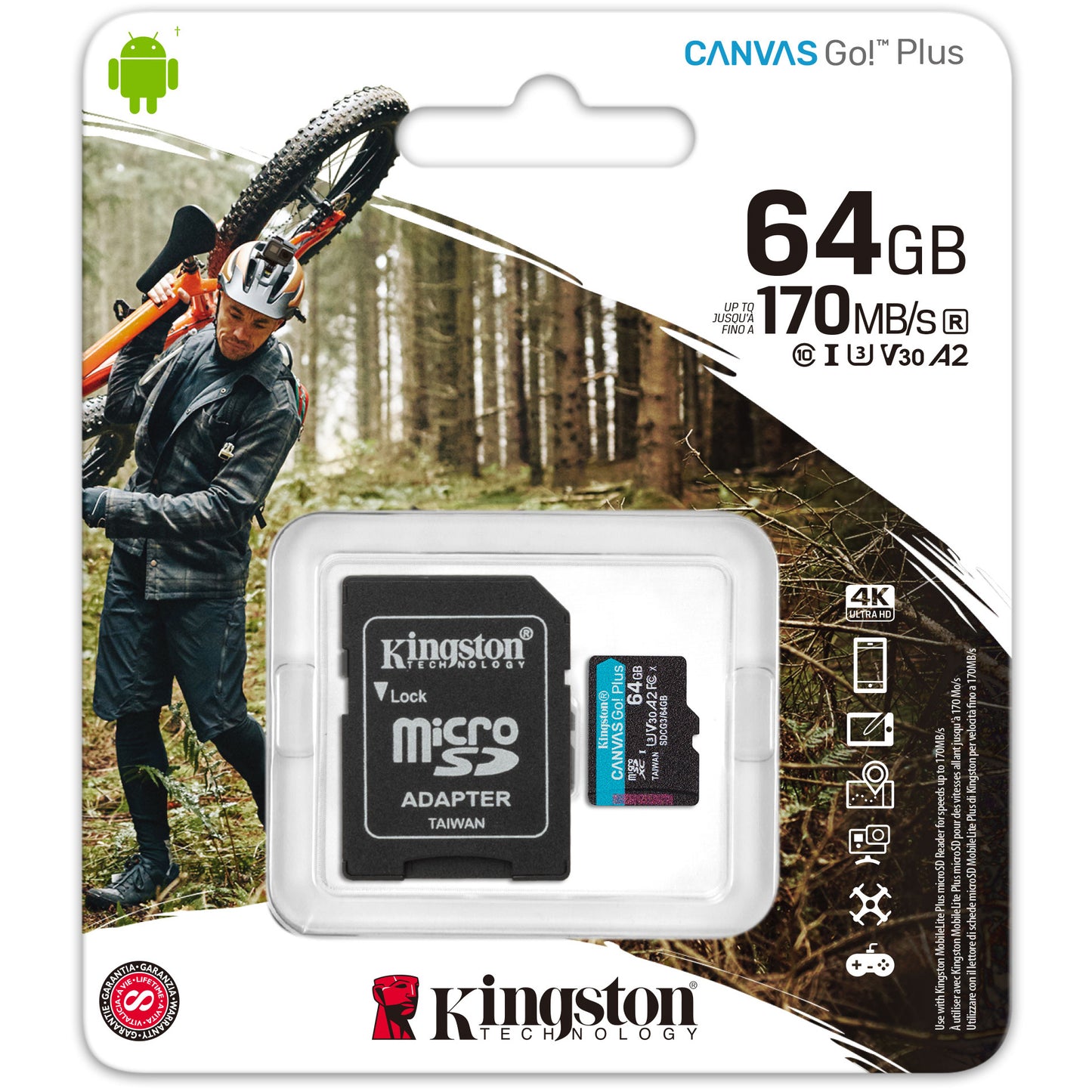 Card Memorie microSDXC Kingston Canvas Go Plus, 64Gb, Clasa 10 / UHS-1 U3, cu Adaptor SDCG3/64GB