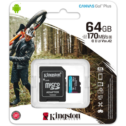 Card Memorie microSDXC Kingston Canvas Go Plus, 64Gb, Clasa 10 / UHS-1 U3, cu Adaptor SDCG3/64GB